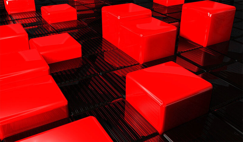 Red Cubes on Black Grid — Abstract