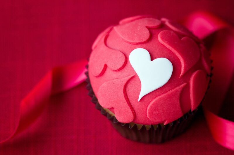 Red Cupcake with Heart — Romantic, Photograph, Ribbon, Frosting, White