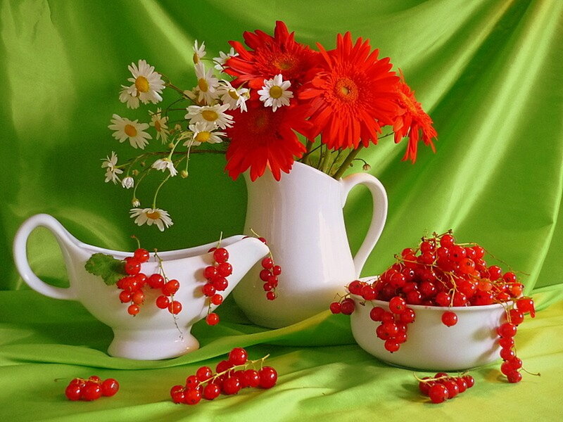 Red Currants and Flowers