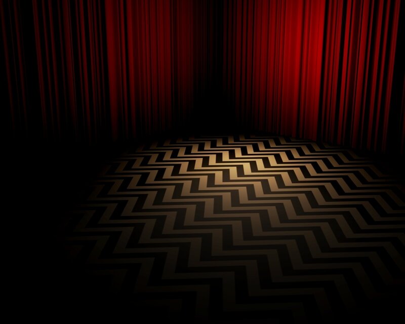 red curtain and zigzag floor