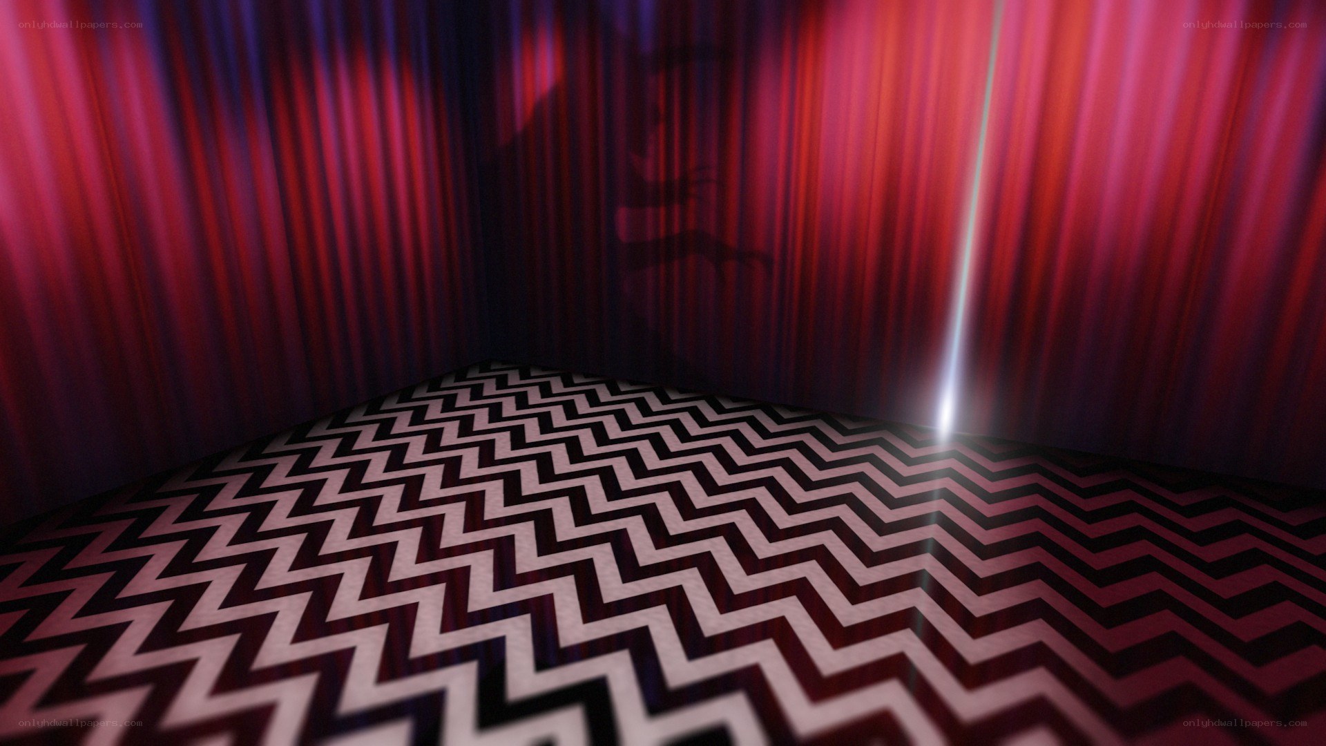 Red curtain room with zigzag floor