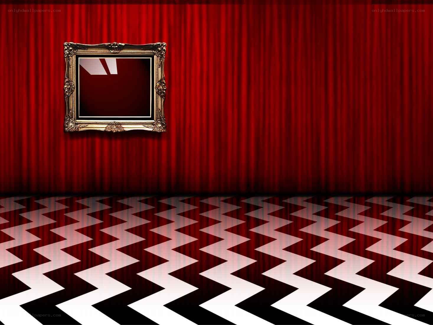 red curtain room with zigzag floor