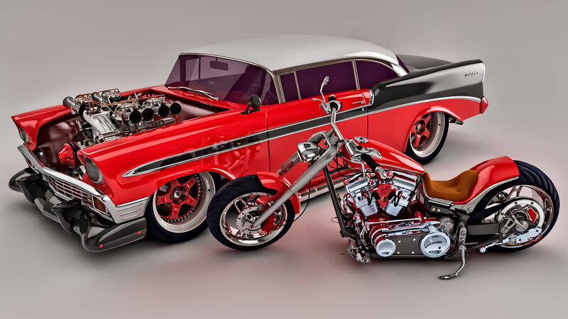 Red Custom Car and Motorcycle