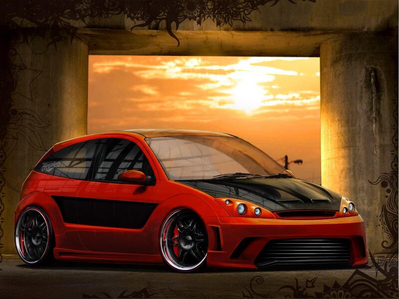 Red custom car at sunset