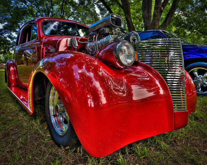 Red Custom Car — Dramatic, Afternoon, Photograph, Trees