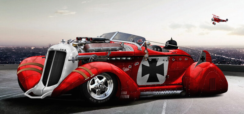 Red Custom Car — Dramatic, Sunset