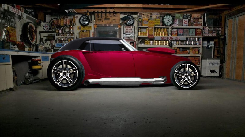 Red custom car in garage