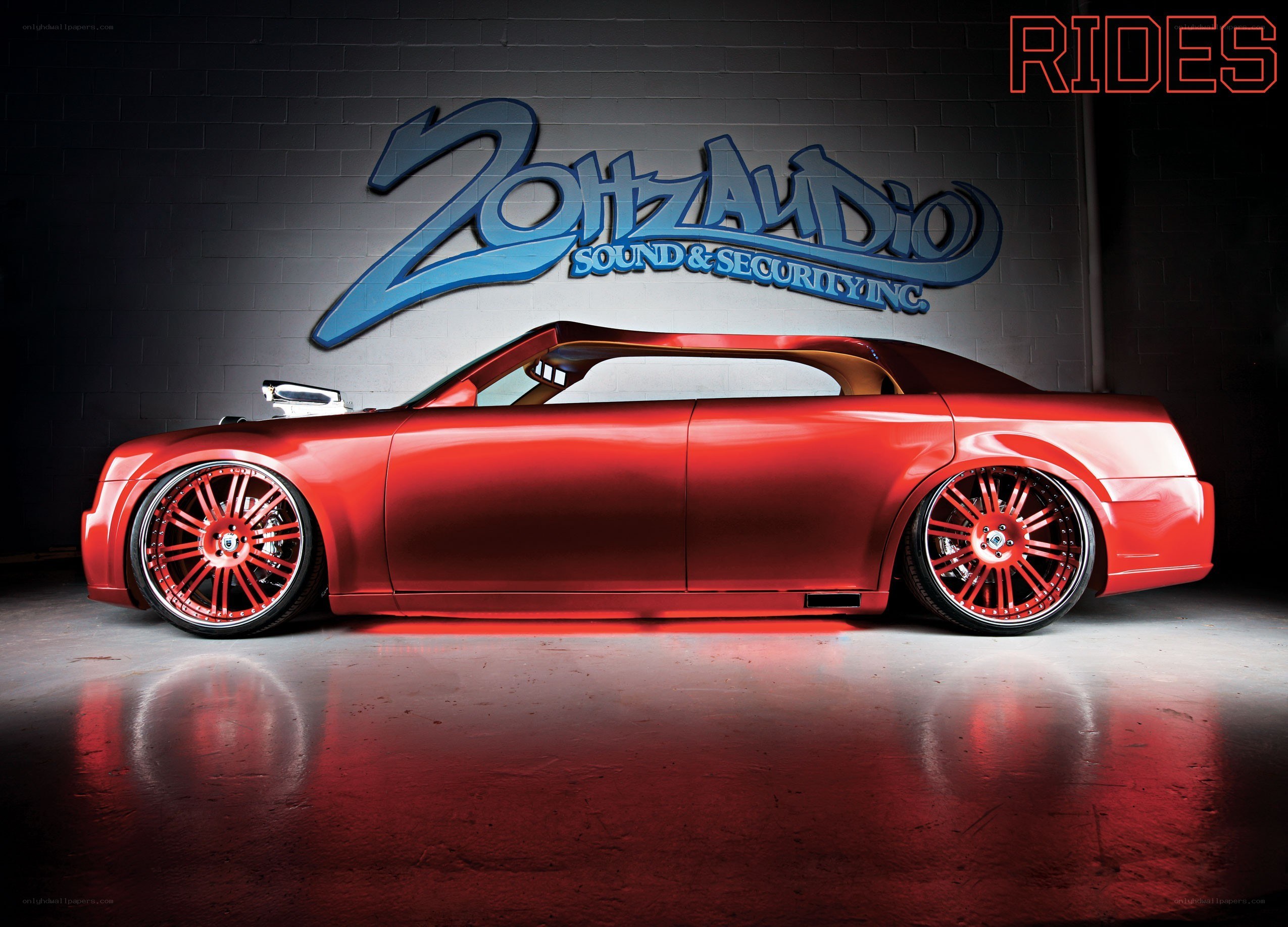 Red custom car in garage