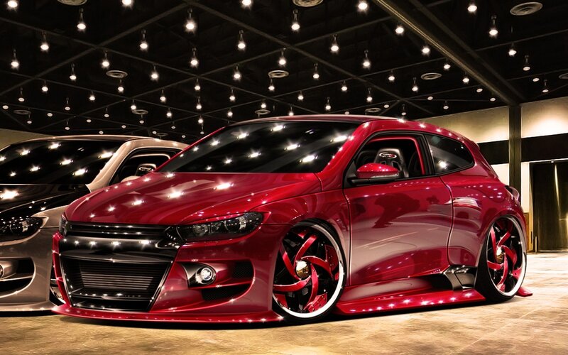 Red custom car on display