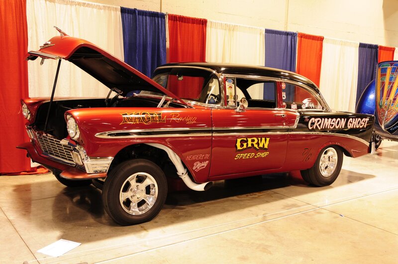 Red Custom Car — Showroom, Photograph, Hood