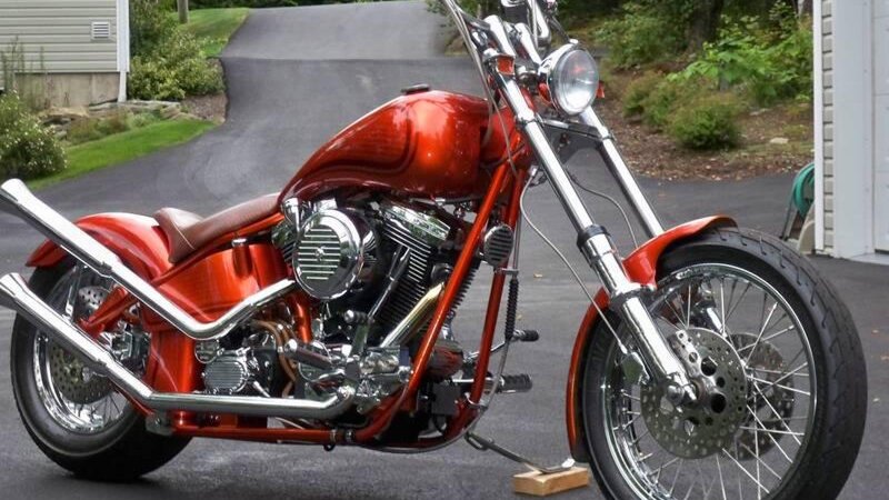 Red Custom Chopper Motorcycle — Calm, Afternoon, Photograph