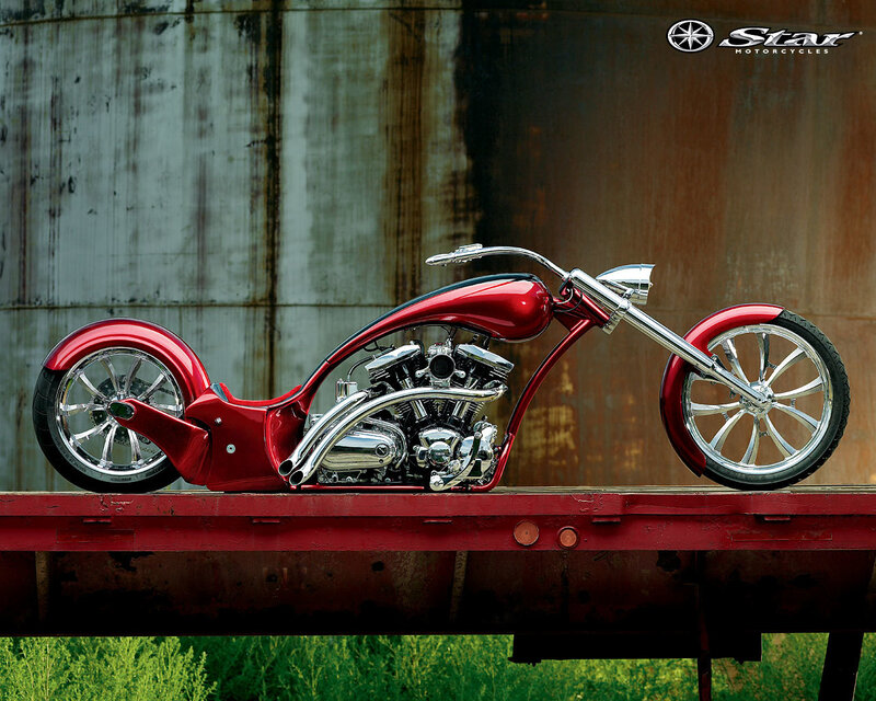 Red Custom Chopper Motorcycle — Dramatic, Afternoon, Photograph, Metal Wall