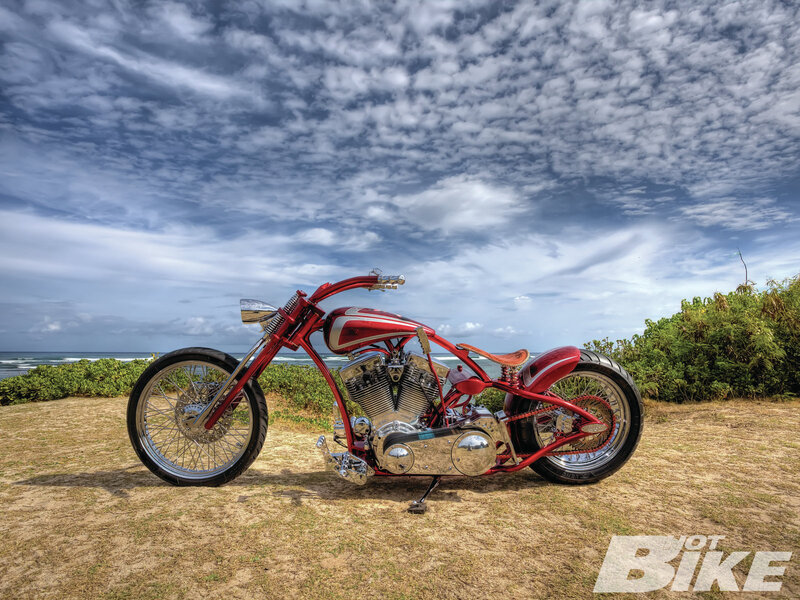 Red Custom Chopper Motorcycle — Dramatic, Afternoon, Photograph, Ocean