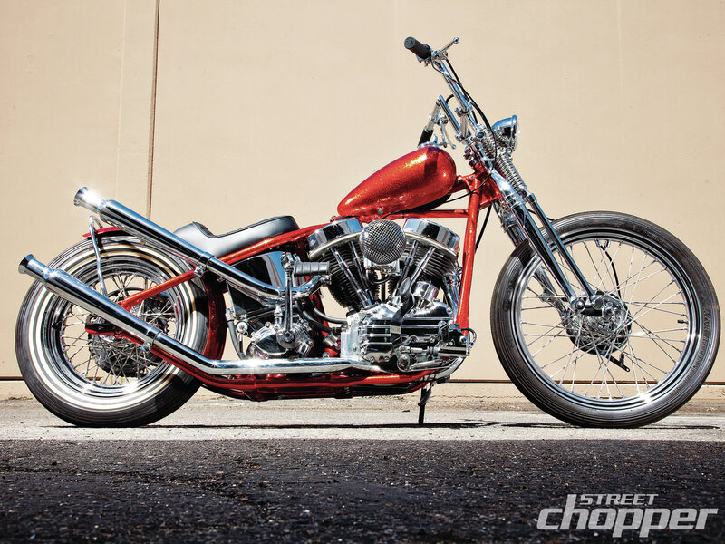 Red Custom Chopper Motorcycle — Dramatic, Afternoon, Photograph