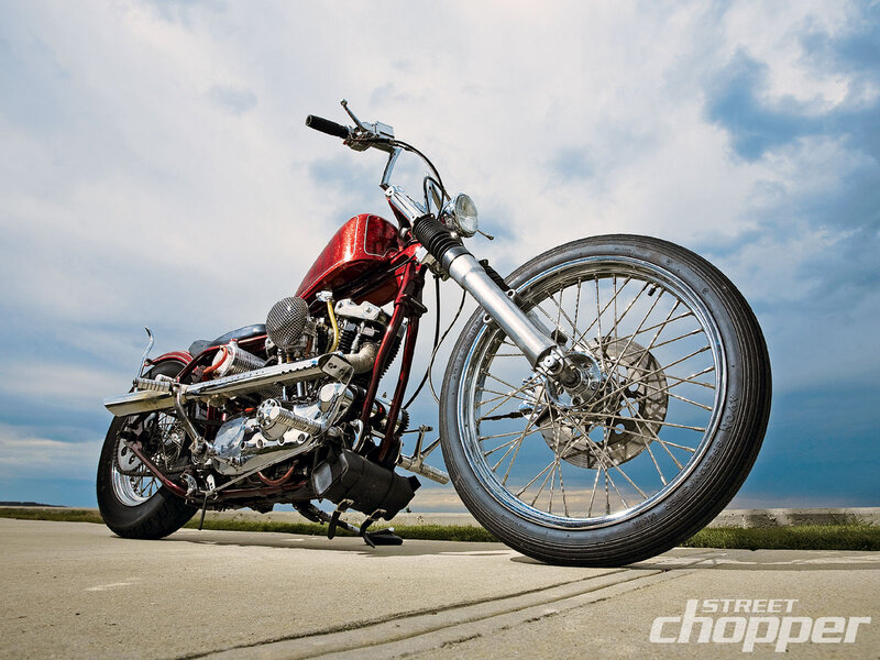 Red Custom Chopper Motorcycle — Dramatic, Afternoon