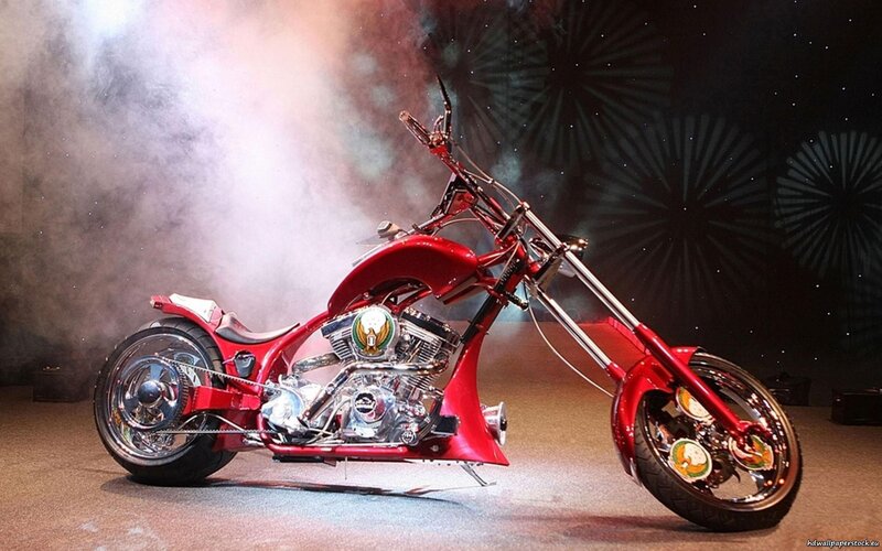 Red Custom Chopper Motorcycle — Dramatic, Night