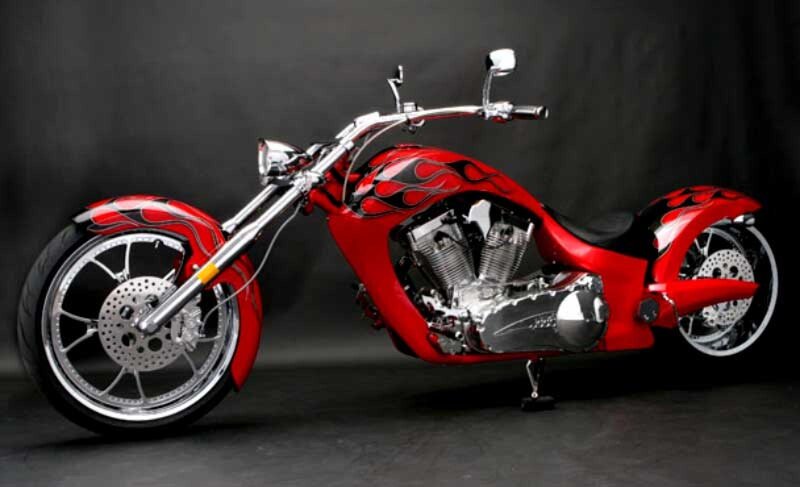 Red Custom Chopper Motorcycle — Dramatic, Photograph, Engine, Seat, Handlebars