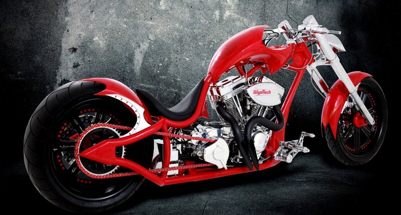 Red Custom Chopper Motorcycle — Dramatic, Photograph, Engine, Seat