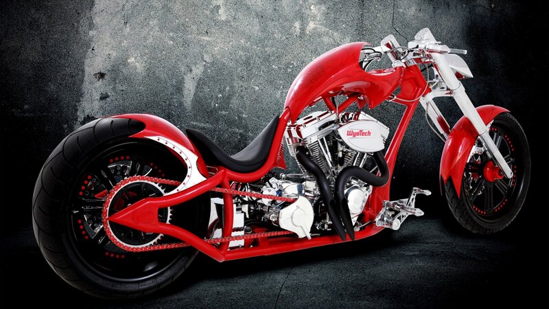 Red Custom Chopper Motorcycle — Dramatic, Photograph, Engine, Seat, Wheels, Black