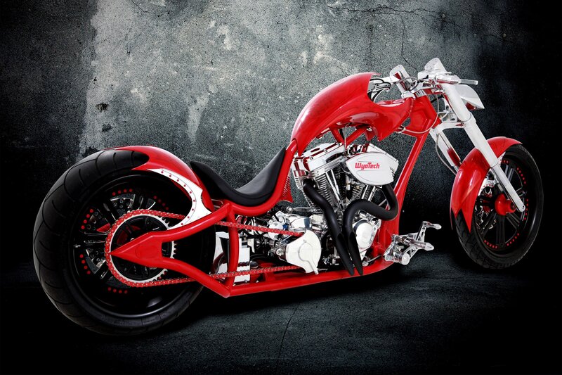 Red Custom Chopper Motorcycle — Dramatic, Photograph, Engine, Seat, Wheels