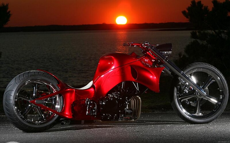 Red Custom Chopper Motorcycle — Dramatic, Sunset