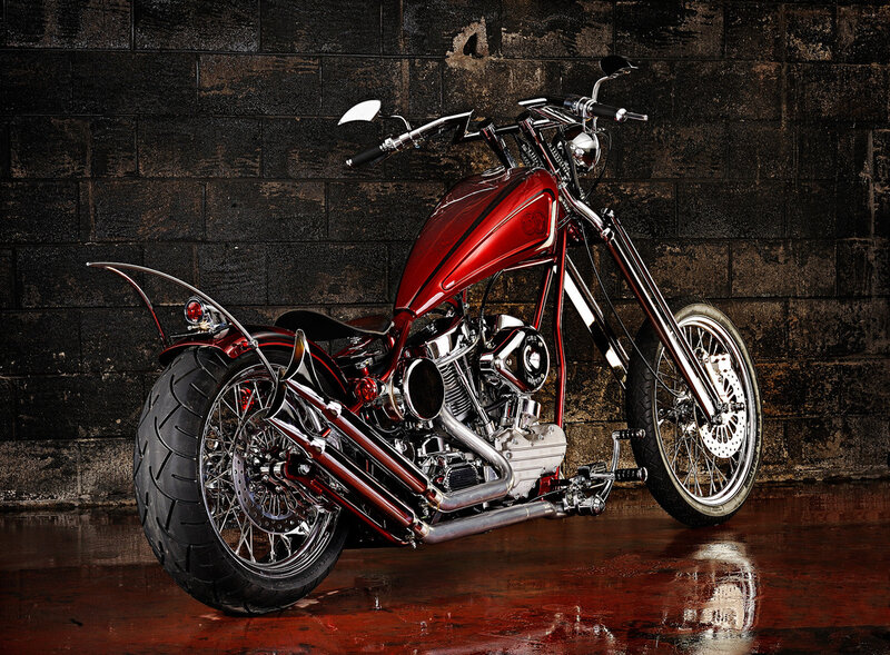 Red Custom Chopper Motorcycle — Dramatic