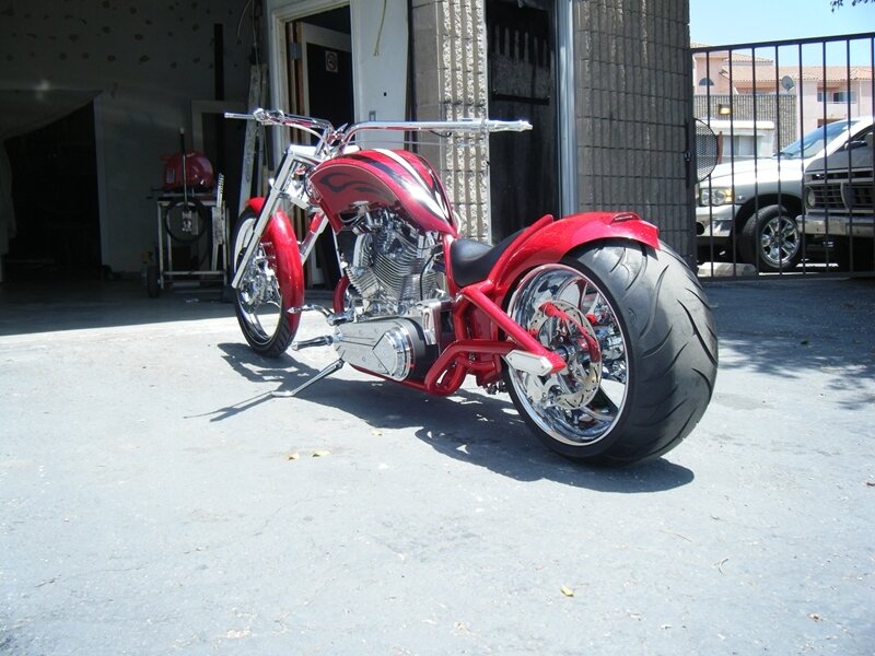 Red Custom Chopper Motorcycle — Neutral, Afternoon, Photograph