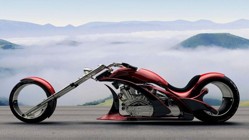 Red Custom Chopper Motorcycle — Serene, Morning, 3d Render, Mountains