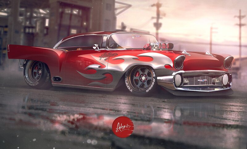 Red Custom Hot Rod — Dramatic, Sunset, Digital Art