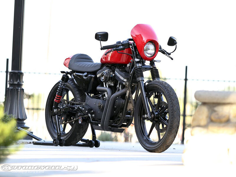 Red Custom Motorcycle — Calm, Afternoon, Photograph, Lamp Post