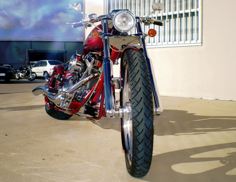 Red Custom Motorcycle — Dramatic, Afternoon, Photograph, Car