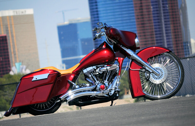 Red Custom Motorcycle — Dramatic, Afternoon, Photograph, City Skyline
