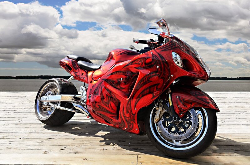 Red Custom Motorcycle — Dramatic, Afternoon, Photograph, Dock