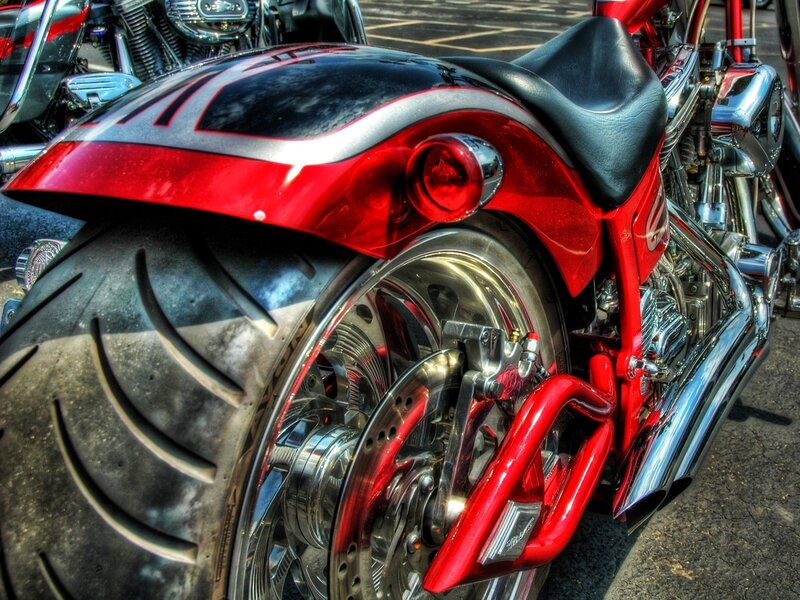 Red Custom Motorcycle — Dramatic, Afternoon, Photograph, Motorcycle Seat