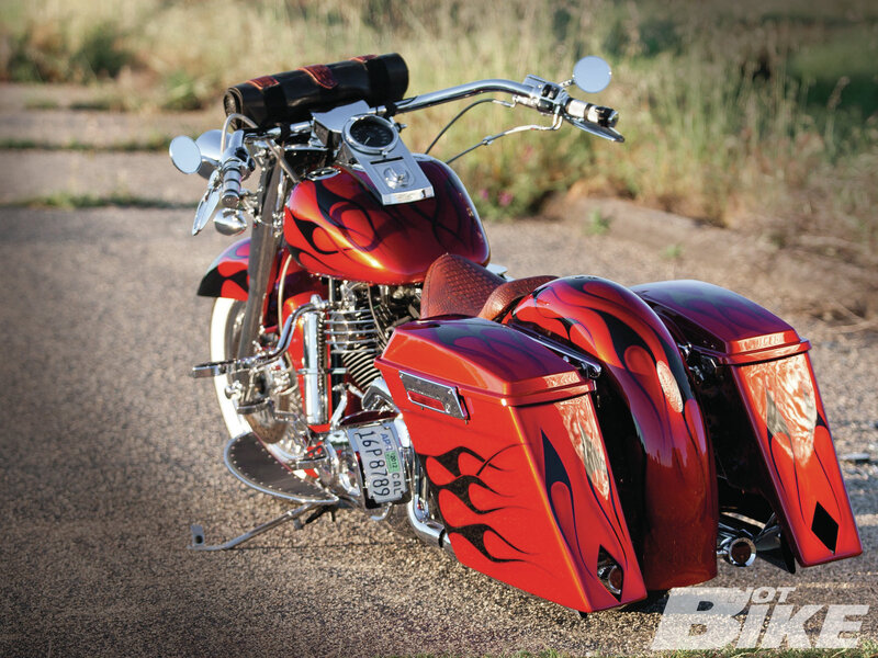 Red Custom Motorcycle — Dramatic, Afternoon, Photograph, Saddlebags