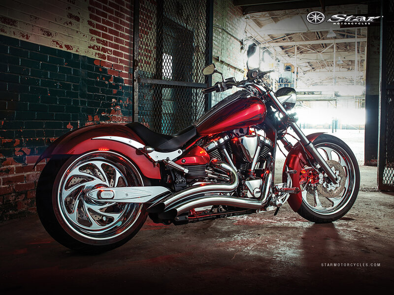 Red Custom Motorcycle — Dramatic, Photograph, Brick Wall