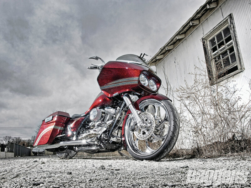 Red Custom Motorcycle — Dramatic, Photograph, Building