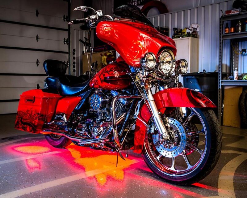 Red Custom Motorcycle — Dramatic, Photograph, Garage