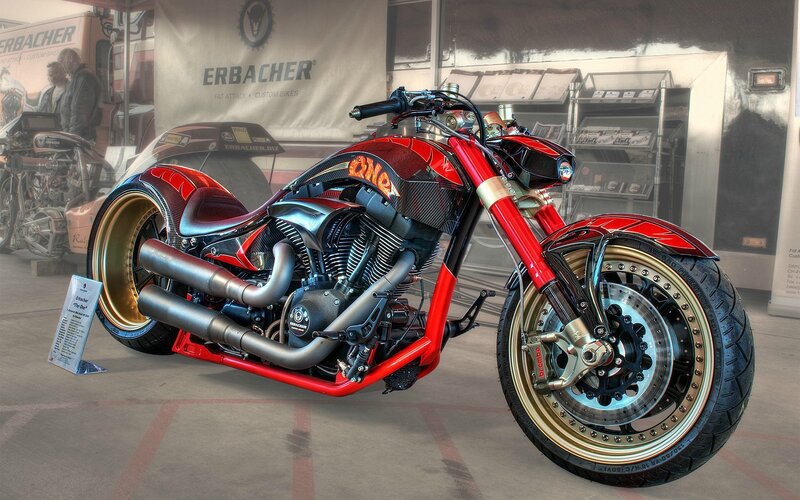 Red Custom Motorcycle — Dramatic, Photograph, Showroom