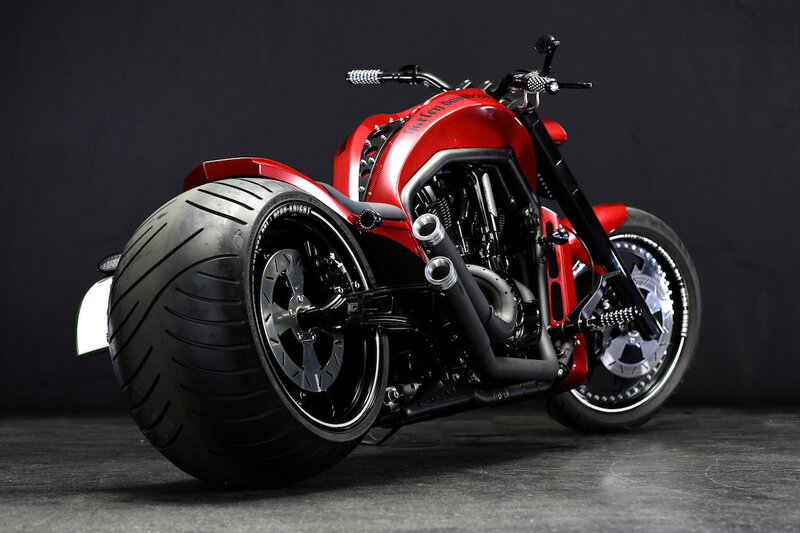 Red Custom Motorcycle — Dramatic, Photograph, Wheel