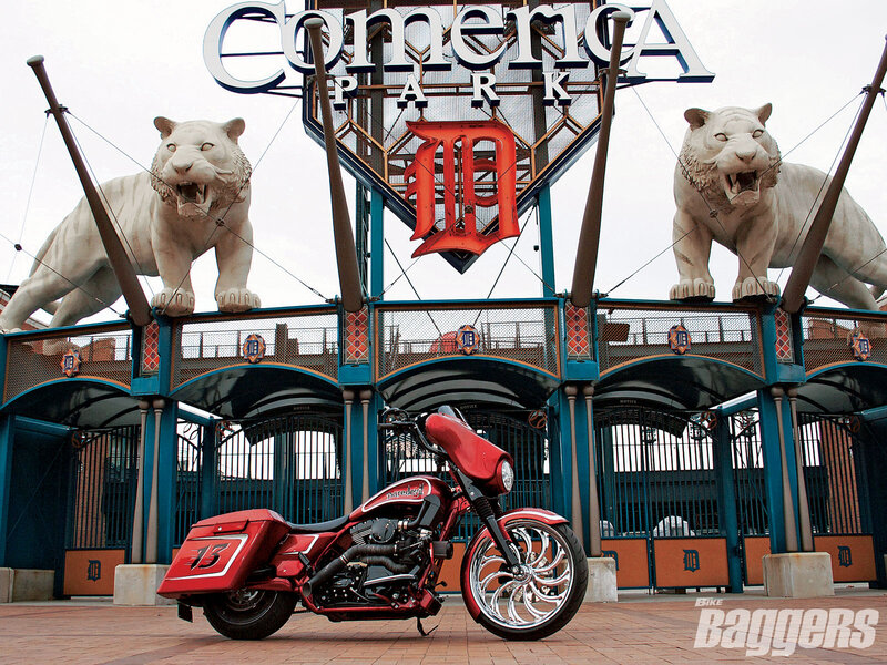 Red Custom Motorcycle — Dramatic, Photograph, White Tiger Statues