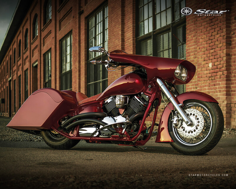 Red Custom Motorcycle — Dramatic, Sunset, Photograph, Brick Building