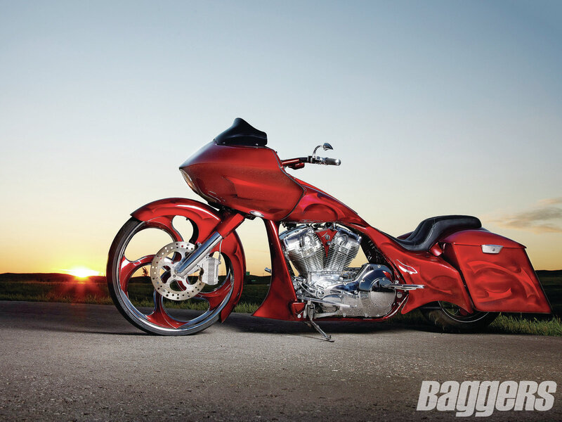 Red Custom Motorcycle — Dramatic, Sunset, Photograph