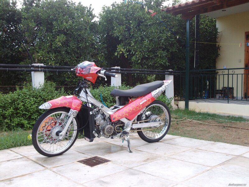red custom motorcycle in garden