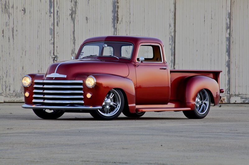 Red Custom Pickup Truck — Calm, Afternoon, Photograph, Building