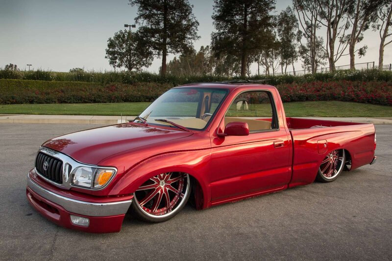 Red Custom Pickup Truck — Calm, Afternoon, Photograph, Trees, Hedge