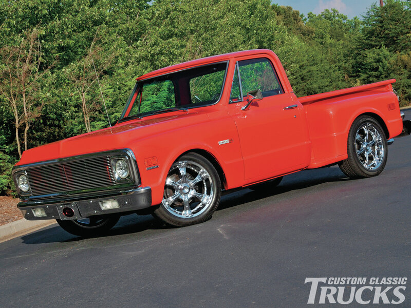 Red Custom Pickup Truck — Calm, Afternoon, Photograph, Trees, Road, Chrome Wheels