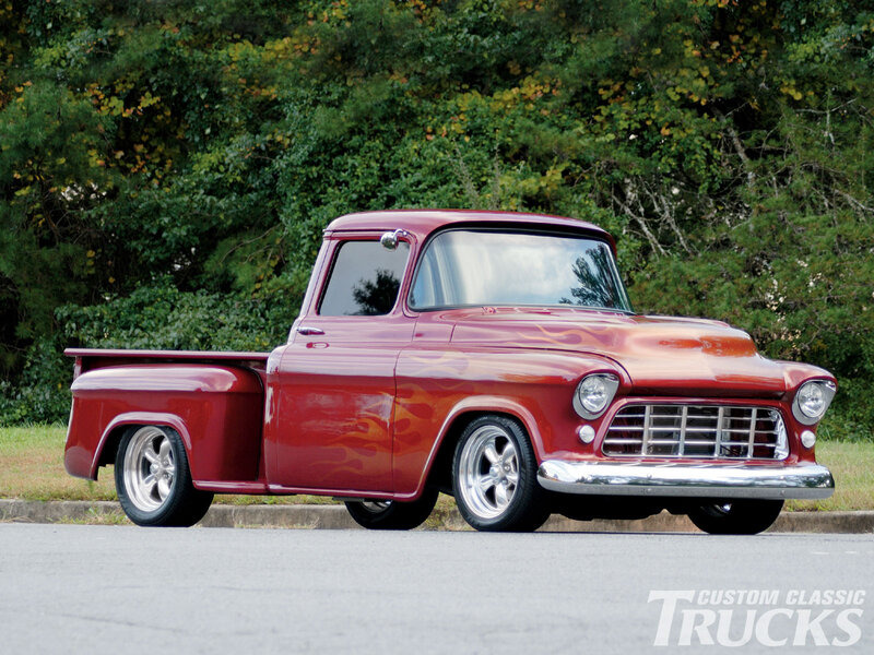 Red Custom Pickup Truck — Calm, Afternoon, Photograph, Trees, Road
