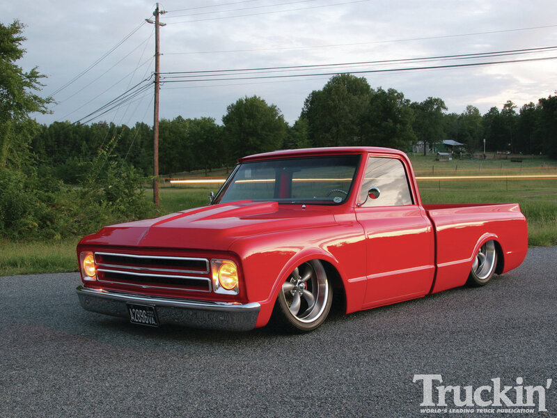 Red Custom Pickup Truck — Calm, Sunset