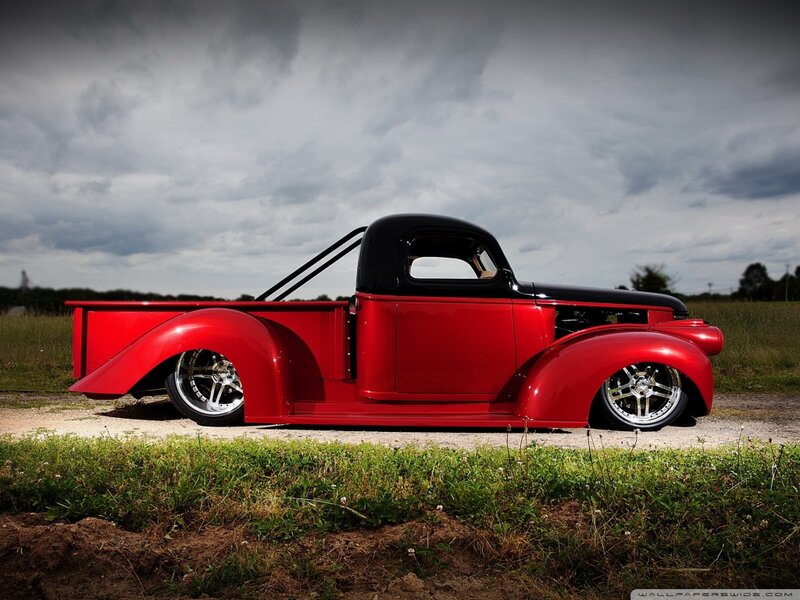 Red Custom Pickup Truck — Dramatic, Afternoon, Photograph, Field, Sky